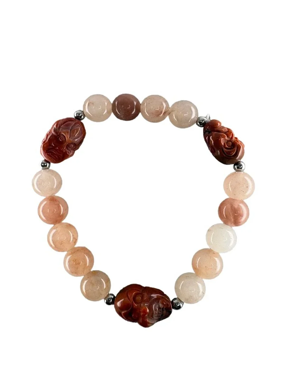 Peach Blossom Jade Red Agate Buddha Head Beaded Bracelet 7.5